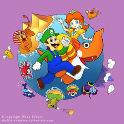  1boy bangs bird blue_eyes brown_hair clouds crown dress earrings female fist flower_earrings flying frilled_dress frills gem gloves grin hand_up happy jewelry jumping looking_at_viewer luigi mario_(series) nintendo open_mouth plant plumber princess princess_daisy puffy_short_sleeves puffy_sleeves rock sassy short_hair short_sleeves sitting smile sphinxes super_mario_bros. super_mario_land tomboy water white_gloves wings yellow_dress 