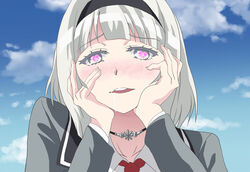  anna_nishikinomiya blush commentary_request drooling female grey_eyes hairband hands_on_own_cheeks hands_on_own_face heart heart-shaped_pupils hetare_mizu parody photoshop_(medium) school_uniform shimoneta_to_iu_gainen_ga_sonzai_shinai_taikutsu_na_sekai solo symbol-shaped_pupils white_hair yandere yandere_trance 