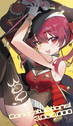  :d absurdres black_jacket black_thighhighs bracelet breasts clothes_writing covered_navel cropped_jacket english_text female gloves hair_ribbon heterochromia highres hololive houshou_marine houshou_marine_(1st_costume) jacket jewelry long_hair medium_breasts milestone_celebration red_eyes red_hair red_jacket ribbon simple_background skirt_under_leotard smile solo soyoong_jun thighhighs twintails virtual_youtuber white_gloves yellow_eyes 