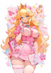  :o ?_block alternate_breast_size belt blonde_hair blue_eyes blush breasts clipboard covered_nipples crown dr._mario_(game) dress earrings elephant_fruit english_commentary female fire_flower gloves goomba hair_between_eyes hair_ornament hat highres jewelry kirby kirby_(series) large_breasts long_hair looking_at_viewer mario_(series) maxim_tomato mushroommirror nurse nurse_cap open_mouth pill pink_dress princess_peach puffy_short_sleeves puffy_sleeves short_sleeves single_thighhigh skindentation solo star_(symbol) stethoscope super_leaf super_mario_bros._wonder super_mushroom super_star_(mario) syringe thighhighs thighs very_long_hair virus_(dr._mario) waddle_dee white_background white_gloves white_thighhighs 