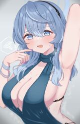  absurdres ako_(blue_archive) ako_(dress)_(blue_archive) annzuwann armpits backless_dress backless_outfit black_hairband blue_archive blue_dress blue_eyes blue_hair blue_halo blush breasts cleavage dress female grey_background hair_between_eyes hairband halo highres large_breasts long_hair looking_at_viewer official_alternate_costume open_mouth plunging_neckline sideboob simple_background sleeveless sleeveless_dress solo spoken_squiggle squiggle 