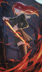  absurdres black_c_(net_dust) black_shirt black_skirt black_thighhighs commentary_request feet_out_of_frame female fire flaming_sword flaming_weapon floating_hair from_side hair_between_eyes highres holding holding_sword holding_weapon long_hair long_sleeves midriff miniskirt misaki_high_school_uniform night outdoors pleated_skirt profile red_eyes red_hair sailor_collar sailor_shirt school_uniform serafuku shakugan_no_shana shana shirt skirt solo standing straight_hair sword thighhighs torn_clothes torn_shirt weapon white_sailor_collar zettai_ryouiki 