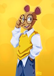  2022 5_fingers aardvark anthro arthur_(series) arthur_read clothing eyewear fingers glasses hi_res looking_at_viewer male mammal signature simple_background solo tovio_rogers 