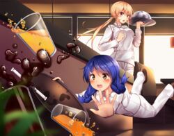  2girls blonde_hair blue_eyes blush braid brown_eyes chef chestnut_mouth commentary_request drink drinking_straw falling glass highres indoors liquid multiple_girls nakiri_erina onamae-kun plate ponytail purple_eyes restaurant shokugeki_no_souma tadokoro_megumi teardrop tripping twin_braids 