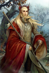  1boy armor blonde_hair colored_eyelashes commentary_request elf floating_hair forest hair_ornament half-closed_eyes jewelry leaf male_focus manly nature parted_lips photoshop_(medium) pointy_ears popped_collar ring solo staff standing the_hobbit thranduil tolkien&#039;s_legendarium tree wide_sleeves wind yufy 