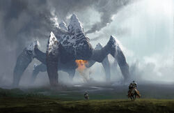  chase_stone colossus dust_cloud grass horse knight monster mountain multiple_boys original scenery smoke snow town 