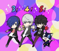  3boys amamiya_ren black_hair blue_hair commentary_request dancing feline glasses gloves grey_hair hair_over_one_eye headphones headphones_around_neck jacket looking_at_viewer male_focus mask mizunomoto morgana_(persona_5) multiple_boys narukami_yuu persona persona_3 persona_3:_dancing_moon_night persona_4 persona_4:_dancing_all_night persona_5 persona_5:_dancing_star_night persona_dancing pose red_gloves school_uniform shoes shuujin_academy_school_uniform smile sneakers yasogami_school_uniform yuuki_makoto_(persona_3) 