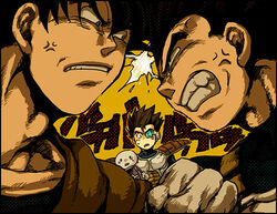  3boys anger_vein angry annoyed armor bad_id bad_pixiv_id black_hair brothers clenched_teeth close-up couple dougi dragon_ball dragon_ball_z eye_contact female frown gloves gure_(dragon_ball) looking_at_another lowres multiple_boys nervous nitako orange_background polka_dot saiyan_armor scouter short_hair siblings simple_background son_goku spiked_hair straight sweatdrop tarble teeth translation_request upper_body vegeta 