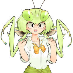  :d antennae arthropod_girl black_eyes bow bowtie claw_pose clothes_around_waist collared_shirt commentary_request evolvingmonkey female green_hair green_nails hands_up highres looking_at_viewer mantis_akiyama mantis_girl monster_girl nail_polish open_mouth original praying_mantis school_uniform sharp_teeth shirt simple_background sleeves_rolled_up smile solo sweater sweater_around_waist teeth twintails upper_body white_background 