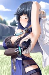  absurdres arm_up armpits bare_shoulders blue_hair bob_cut breasts closed_eyes female fur_trim genshin_impact gloves highres jacket large_breasts mole mole_on_breast shengtian short_hair solo sweat wiping_sweat yelan_(genshin_impact) 