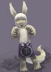  1other @_@ alternate_costume androgynous animal_ears animal_feet apron body_fur bondrewd brown_fur cartridge_(made_in_abyss) character_print chiyo_maru commentary dutch_angle full_body furry highres looking_at_viewer made_in_abyss monochrome_background nanachi_(made_in_abyss) parted_lips pile print_apron purple_apron short_hair signature solo standing tail teeth text_print topless triangle_mouth waist_apron whiskers white_hair yellow_eyes 