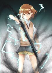  aic_oekaki breasts brown_eyes brown_hair brown_sweater_vest clenched_hand collared_shirt electricity electrokinesis emblem female grey_skirt highres holding holding_sword holding_weapon looking_at_viewer magnetism medium_breasts medium_hair metal metal_sand misaka_mikoto pleated_skirt psychic school_emblem school_uniform shirt short_shorts short_sleeves shorts shorts_under_skirt skirt solo standing summer_uniform sweater_vest sword toaru_kagaku_no_railgun toaru_majutsu_no_index tokiwadai_school_uniform weapon white_shirt yellow_shorts 