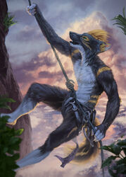  2021 5_fingers anthro athletic black_nose blonde_hair bottomwear canid canine cliff cliffside_(terrain) clothed clothing conditional_dnp day detailed_background digital_media_(artwork) fingers fur grey_body grey_fur hair harness hi_res high_place latex_(artist) loincloth male mammal mountain outside rappel rappelling rope shaded sky solo white_body white_fur 