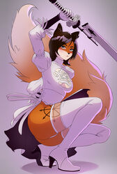  2021 anthro avocado_seed breasts canid canine chaos_star cleavage_cutout clothed clothing cosplay crossover crossover_cosplay cutout digital_media_(artwork) ears_up female final_fantasy final_fantasy_xiv footwear fox high_heels holding_melee_weapon holding_object holding_sword holding_weapon looking_at_viewer mammal melee_weapon nier_automata panties platinumgames raised_arm shizuka solo square_enix sword symbol underwear weapon yorha_2p 