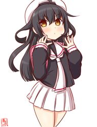  ahoge alternate_costume artist_logo backpack bag beret black_hair black_shirt blouse brown_eyes cardcaptor_sakura commentary_request cosplay dated female hat kanon_(kurogane_knights) kantai_collection long_hair long_sleeves looking_at_viewer mikazuki_(kancolle) neckerchief one-hour_drawing_challenge pink_bag pleated_skirt randoseru sailor_collar school_uniform shirt simple_background skirt solo tomoeda_elementary_school_uniform white_background white_hat white_neckerchief white_sailor_collar white_skirt 