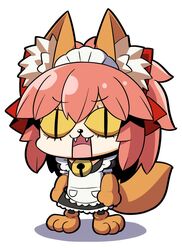  :3 :d animal_collar animal_ear_fluff animal_ears animal_feet animal_hands apron bell bow chibi collar commentary_request fangs fate/grand_order fate_(series) female fox_ears fox_girl fox_tail gloves hair_between_eyes hairbow jingle_bell long_hair looking_at_viewer maid maid_apron maid_headdress multicolored_hair neck_bell open_mouth paw_gloves paw_shoes plover ponytail red_bow riyo_(lyomsnpmp)_(style) shadow short_sleeves sidelocks simple_background slit_pupils smile solo standing streaked_hair tail tamamo_(fate) tamamo_cat_(fate) tamamo_cat_(second_ascension)_(fate) tongue white_background |_| 