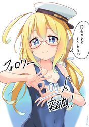  blonde_hair blue_eyes blush breasts female glasses hair_ribbon hat highres i-8_(kancolle) kantai_collection long_hair low_twintails medium_breasts milestone_celebration name_tag one-piece_swimsuit osmium-76 peaked_cap red-framed_eyewear ribbon sailor_hat school_swimsuit semi-rimless_eyewear smile solo swimsuit thank_you tri_tails twintails under-rim_eyewear upper_body 