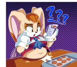  2022 anthro baking baking_tray belly belly_on_table belly_rest bottomwear breasts brown_nose button_(fastener) button_pop clothing confusion cookie countershading cuffs_(clothing) eyelashes face_squish female food fur furniture gloves hair handwear head_tuft holding_object lagomorph leporid long_ears mammal narrowed_eyes navel open_mouth orange_hair overweight overweight_anthro overweight_female pattern_background question_mark rabbit recipe sega simple_background skirt solo sonic_the_hedgehog_(series) speedsmygame1 squish table tan_body tan_fur topwear tuft vanilla_the_rabbit wardrobe_malfunction weight_gain white_body white_countershading white_fur 