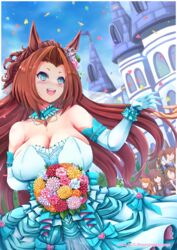  6+girls :d absurdres air_groove_(umamusume) animal_ears aqua_dress aqua_gloves arm_up bare_shoulders black_dress blue_choker blue_eyes blue_sky blush bouquet braid breasts brown_hair castle choker cleavage cloud collarbone commentary_request dated day dress ear_ornament ear_ribbon elbow_gloves faceless faceless_female falling_petals flower gloves hair_intakes hand_up highres hishi_akebono_(umamusume) holding holding_bouquet horse_ears horse_girl jewelry kawakami_princess_(bride-to-be!!)_(umamusume) kawakami_princess_(umamusume) king_halo_(umamusume) large_breasts long_hair looking_to_the_side mayano_top_gun_(umamusume) mejiro_dober_(umamusume) multiple_girls nose_blush open_mouth outdoors petals ring rururugegegege short_hair sidelocks sky smile solo_focus standing strapless strapless_dress teeth tiara twintails twitter_username umamusume upper_teeth_only wedding_dress wedding_ring 