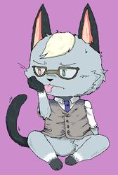  animal_crossing anthro big_head bodily_fluids business_suit clothing domestic_cat eyewear felid feline felis glasses hair heterochromia licking male mammal necktie nintendo purple_background raymond_(animal_crossing) rhonbon simple_background sitting suit sweat sweatdrop tongue tongue_out tuft 