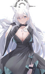  absurdres ahoge animal_ears black_choker black_dress black_gloves black_halo blue_archive breasts broken_halo cake_walker choker cleavage cowboy_shot cross_hair_ornament dark_halo dress extra_ears female gloves grey_eyes grey_hair hair_ornament halo highres large_breasts long_hair shiroko_(blue_archive) shiroko_terror_(blue_archive) solo very_long_hair wolf_ears 