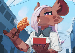  4_fingers absurd_res accessory ambiguous_gender anthro arm_tuft black_nose blush bow_(feature) bow_accessory bow_tie breasts building cheek_tuft cheese claws clothed clothing cloud corndog dairy_products day dessert detailed_background digital_media_(artwork) eating eating_food el-k elbow_tuft eyelashes facial_tuft female fingers food fur green_bow_tie group hair hair_over_eye half-closed_eyes hi_res holding_food holding_object human hyena jk_(el-k) mammal narrowed_eyes one_eye_obstructed outside pawpads purple_eyes shirt sky smile solo_focus spots spotted_hyena topwear tuft white_clothing white_shirt white_topwear 