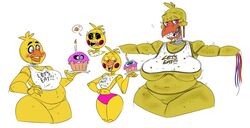  angry animatronic anthro avian beak beakless bedroom_eyes bib big_breasts bird black_sclera blue_eyes blush breasts chica_(fnaf) chicken clothing covered_breasts cupcake_(fnaf) doll_joints exposed_endoskeleton eyelashes featureless_crotch female five_nights_at_freddy&#039;s five_nights_at_freddy&#039;s_2 front_view galliform gallus_(genus) group head_feathers head_tuft machine mhdrawin narrowed_eyes non-mammal_breasts overweight overweight_female panties phasianid pink_clothing pink_panties pink_underwear purple_eyes robot rosy_cheeks scottgames seductive slightly_chubby teeth thick_thighs toothed_beak toy_chica_(fnaf) tuft under_boob underwear wide_hips wire withered_chica_(fnaf) yellow_body 