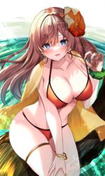  absurdres bikini blush bracelet breasts brown_hair cleavage collarbone earrings fate/grand_order fate_(series) female flower grey_eyes hair_flower hair_ornament highres hoop_earrings jewelry large_breasts long_hair looking_at_viewer mata_hari_(fate) open_mouth orange_bikini shibakame sitting smile solo swimsuit thighlet thighs 