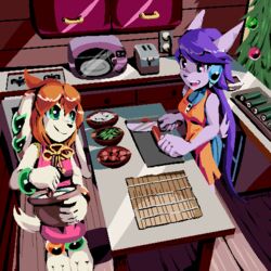  1:1 2018 3_toes anthro aquatic_dragon barefoot basset_hound black_nose breasts canid canine canis christmas christmas_tree clothed clothing domestic_dog dragon duo feet female food freedom_planet fur galaxytrail goshaag hair holidays hunting_dog hybrid kitchen mammal marine milla_basset mythological_creature mythological_scalie mythology open_mouth orange_body orange_fur plant purple_body purple_hair sash_lilac scalie scent_hound smile tan_body tan_fur toes tree 