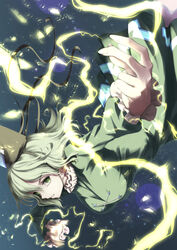  absurdres commentary dress electricity female green_dress green_eyes green_hair grey_background hat highres long_sleeves md5_mismatch otomeza_ryuseigun outstretched_arm resolution_mismatch short_hair simple_background soga_no_tojiko solo source_smaller tate_eboshi touhou upside-down 