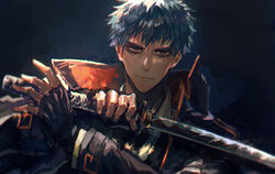  1boy black_gloves closed_mouth collared_shirt commentary_request expressionless fate/grand_order fate_(series) fingerless_gloves gloves grey_hair holding holding_sword holding_weapon jacket jhm_xyz katana light_particles long_sleeves looking_at_viewer male_focus saitou_hajime_(fate) serious shirt short_hair simple_background solo sword upper_body weapon 