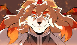  1boy animal_ears arknights brown_fur cosplay demon_slayer_uniform dog_boy dog_ears embers furry furry_male highres horns hung_(arknights) kimetsu_no_yaiba kou_(ixkouu) looking_at_viewer male_focus medium_hair movie_reference multicolored_hair muscular muscular_male orange_eyes orange_hair rengoku_kyoujurou rengoku_kyoujurou_(cosplay) single_horn smile solo streaked_hair thick_eyebrows two-tone_fur upper_body white_fur 