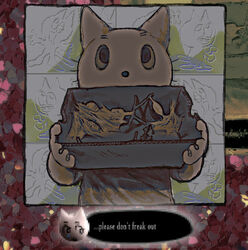  2021 ambiguous_gender anthro box cardboard cardboard_box chibi chrysalis clothed clothing container dialogue digital_media_(artwork) domestic_cat english_text felid feline felis heart_symbol hi_res mammal plastiboo prick_ears shirt solo text toony topwear white_body y2k_(graphic_design) 