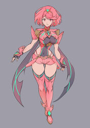  absurdres black_gloves breasts chest_jewel earrings female fingerless_gloves gem gloves headpiece highres jewelry large_breasts narrow_waist pyra_(xenoblade) red_eyes red_hair red_shorts red_thighhighs short_hair short_shorts shorts solo swept_bangs thighhighs tiara ug333333 xenoblade_chronicles_(series) xenoblade_chronicles_2 