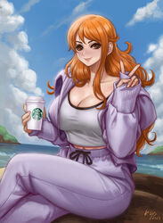  2023 artist_name blue_sky breasts brown_eyes cleavage closed_mouth cloud collarbone commentary crossed_legs cup day disposable_cup drawstring english_commentary female holding holding_cup jacket kyopink large_breasts lips long_hair looking_at_viewer midriff_peek nami_(one_piece) ocean one_piece orange_hair outdoors pants purple_jacket purple_pants sitting sky smile solo starbucks v very_long_hair wavy_hair 