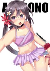  absurdres akebono_(kancolle) akebono_kai_ni_(swimsuit_mode)_(kancolle) ass_visible_through_thighs bare_shoulders bikini bikini_skirt breasts character_name cleavage female flower frilled_skirt frills hair_between_eyes hair_flower hair_ornament highres himura_moritaka kantai_collection long_hair looking_at_viewer navel official_alternate_costume open_mouth purple_bikini purple_eyes purple_hair red_flower scrunchie simple_background skirt small_breasts solo swimsuit teeth twitter_username upper_teeth_only white_background white_flower wrist_scrunchie 