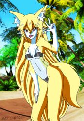  anthro beach blonde_hair breasts canid canine canis claws clothed clothing dandruff fangs female fox fur gesture gloves_(marking) gris_swimsuit hair hand_gesture hi_res inner_ear_fluff long_hair looking_at_viewer mammal markings meme meme_clothing navel nikku_lunatique one-piece_swimsuit ouko_furinji palm_tree plant purple_claws purple_eyes sand seaside solo standing swimwear teeth translucent translucent_clothing translucent_swimwear tree tuft under_boob v_sign water white_body white_fur yellow_body yellow_fur 