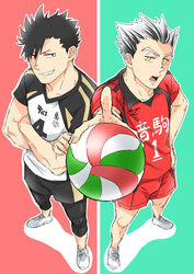  2boys ball black_hair bokuto_koutarou cosplay costume_switch crossed_arms foreshortening from_above full_body grin haikyuu!! hand_on_own_hip holding holding_ball kuroo_tetsurou madara6k male_focus multiple_boys nekoma_volleyball_uniform perspective pointing pointing_at_viewer simple_background smile sportswear volleyball volleyball_(object) volleyball_uniform white_hair yellow_eyes 