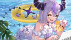  absurdres ahoge bikini bikini_skirt black_choker black_nails braid choker cup demon_horns drinking_straw female frilled_bikini frills highres holding holding_cup hololive hololive_summer_2022_swimsuit horns innertube la+_darknesss long_hair looking_at_viewer multicolored_hair pointy_ears pool purple_hair shima46 solo streaked_hair swim_ring swimsuit tail tropical_drink very_long_hair virtual_youtuber water wet white_bikini white_hair 