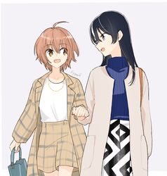  2girls ahoge artist_name bag black_hair coat commentary feet_out_of_frame highres holding holding_bag interlocked_fingers jewelry koito_yuu multiple_girls nanami_touko necklace nyamo open_mouth orange_hair pants simple_background skirt sweater yagate_kimi_ni_naru yuri 