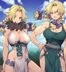  bare_arms bare_shoulders blonde_hair blue_eyes blue_sky bow braid breasts cleavage closed_mouth cloud cloudy_sky commentary_request day dr._stone dress dual_persona female forest fur_collar green_dress hairbow hanada_nikki hand_on_own_hip highres large_breasts lips looking_at_viewer murata_tefu muscular muscular_female nature outdoors parted_bangs pelvic_curtain shiny_skin signature simple_background sky sleeveless smile thick_lips thighs twin_braids white_dress 