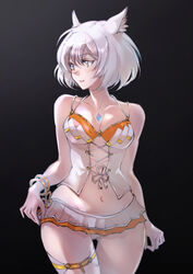  absurdres animal_ears bikini bikini_skirt black_background bracelet breasts chest_jewel cleavage commentary cowboy_shot female frilled_bikini frills highres jewelry looking_away mio_(xenoblade) navel official_alternate_costume short_hair simple_background small_breasts smile solo swimsuit ug333333 white_bikini white_hair xenoblade_chronicles_(series) xenoblade_chronicles_3 yellow_eyes 