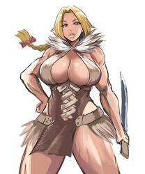  blonde_hair bow braid braided_ponytail breasts cleavage commentary_request dr._stone dress female hairbow halter_dress halterneck hanada_nikki hand_on_own_hip hip_vent holding holding_sword holding_weapon huge_breasts lips long_braid long_hair looking_at_viewer muscular muscular_female no_bra reverse_grip shibusun short_sword single_braid sleeveless sleeveless_dress solo sword weapon white_background 