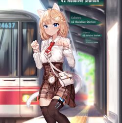  :3 absurdres animal_ears blonde_hair blue_eyes bob_cut breasts brown_thighhighs dayshiart english_commentary fake_animal_ears fake_tail female hair_ornament highres hololive hololive_english medium_breasts paw_pose shirt solo syringe tail thighhighs train train_station train_station_platform virtual_youtuber watson_amelia watson_amelia_(1st_costume) white_shirt zettai_ryouiki 