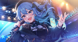  :d banner belt_buckle black_hat black_jacket black_ribbon blue_eyes blue_hair blush breasts buckle concert female fingernails glowstick hat hololive hoshimachi_suisei hoshimachi_suisei_(casual) indoors jacket long_fingernails long_hair long_sleeves looking_at_viewer microphone microphone_stand mikami_nacaba music nail_polish neck_ribbon off_shoulder official_alternate_costume official_alternate_hair_length official_alternate_hairstyle one_side_up open_clothes open_jacket open_mouth orange_nails ribbon singing small_breasts smile solo stage stage_lights star_(symbol) star_in_eye symbol_in_eye teeth truss upper_body upper_teeth_only virtual_youtuber zipper 