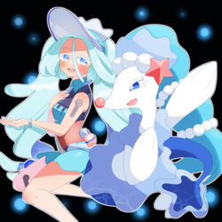  :d absurdres black_background blue_eyes blush bracelet colored_eyelashes commentary eyelashes female green_hair hand_up hatsune_miku heal_ball highres jewelry long_hair looking_to_the_side open_mouth outline petako_(ptpt_k) poke_ball pokemon pokemon_(creature) primarina project_voltage smile swimsuit tongue twintails visor_cap vocaloid water_miku_(project_voltage) white_headwear 