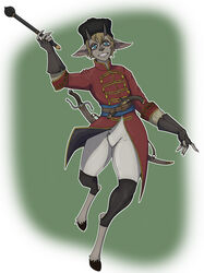  anthro batmilk blue_eyes bovid caprine clothing faun fur gloves grey_body grey_fur gun hair handwear hat headgear headwear hi_res hooves horizontal_pupils horn horned_humanoid humanoid ilya_(batmilk) looking_at_viewer male mammal melee_weapon pupils ranged_weapon simple_background solo sword weapon weapon_holster weapon_on_back 