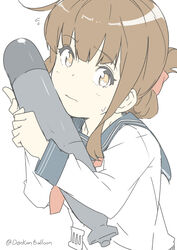  bad_id bad_twitter_id blue_sailor_collar brown_eyes brown_hair closed_mouth female flying_sweatdrops folded_ponytail holding holding_torpedo inazuma_(kancolle) kantai_collection long_sleeves necktie ninimo_nimo one-hour_drawing_challenge red_necktie sailor_collar school_uniform serafuku simple_background solo sweat torpedo twitter_username upper_body white_background 