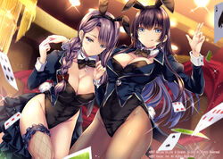  2girls ace_(playing_card) alternate_costume animal_ears azur_lane black_leotard blue_eyes blue_jacket braid breasts brown_hair brown_pantyhose card casino cleavage cowboy_shot croupier curacoa_(azur_lane) curlew_(azur_lane) detached_collar dutch_angle fake_animal_ears fake_tail fishnet_thighhighs fishnets highleg highleg_leotard highres jacket large_breasts leaning_forward leotard leotard_under_clothes long_hair looking_at_viewer monety multiple_girls official_art pantyhose playboy_bunny playing_card purple_hair rabbit_ears rabbit_tail strapless strapless_leotard tail thighhighs wrist_cuffs 