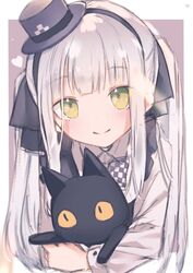  aged_down animal bad_id bad_twitter_id black_cat bow bowtie checkered_bow checkered_bowtie checkered_clothes feline female girls&#039;_frontline green_eyes grey_hair hat headband highres hk416_(black_kitty&#039;s_gift)_(girls&#039;_frontline) hk416_(girls&#039;_frontline) holding holding_animal holding_cat korean_commentary long_hair long_sleeves looking_at_viewer mini_hat official_alternate_costume sakana-ko sidelocks smile solo yellow_eyes 